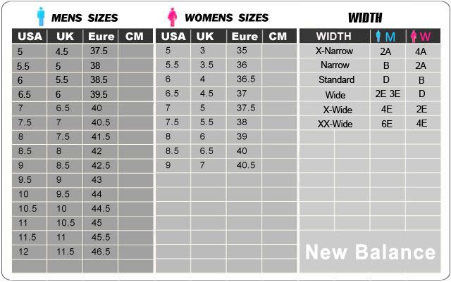 new balance shoe width chart