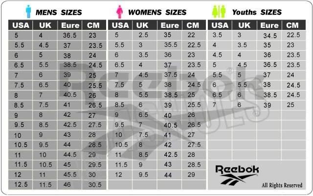 reebok size chart women's shoes cm