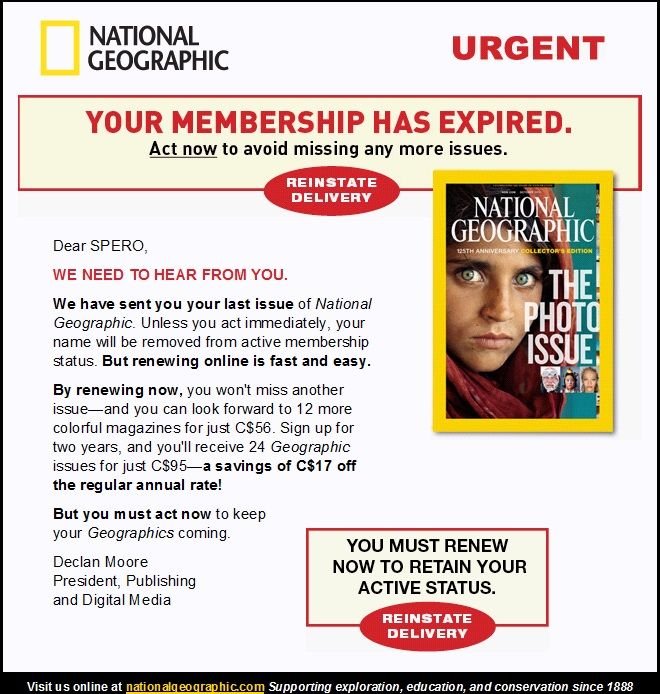 National Geographic subscription renewal reminder