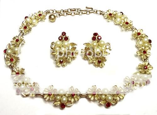   Ruby Red Rhinestone Necklace Earring Set Faux Pearl Flower Demi Parure