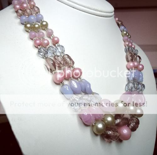   Crystal & Art Glass Multi 3 Strand Purple Pink BIB Necklace Japan