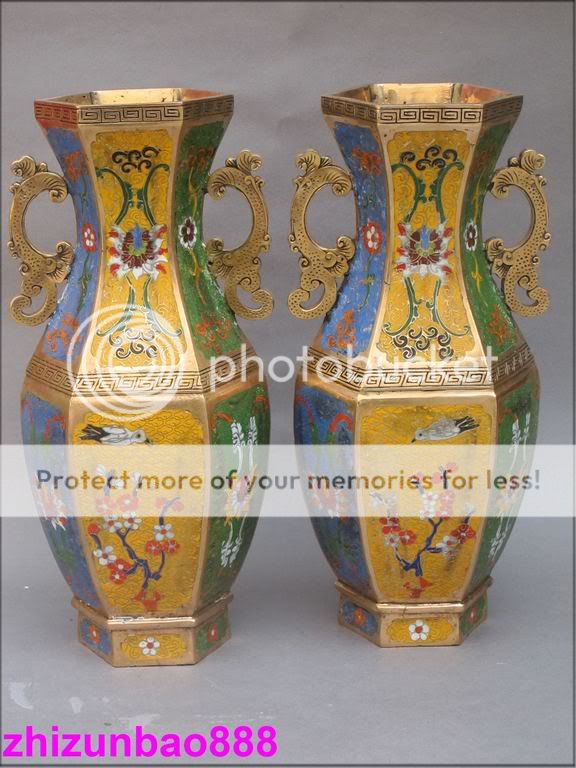 14China Bronze gold Cloisonne Carved flower BIRD Vase PAIR  