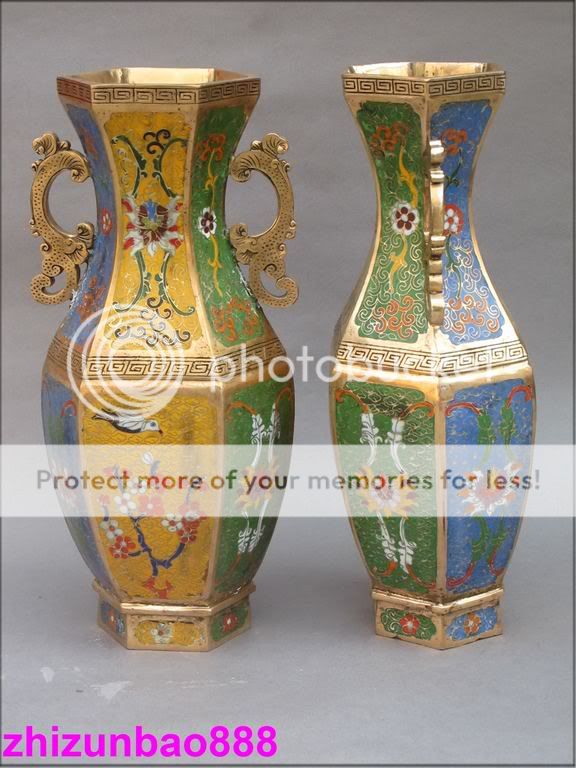 14China Bronze gold Cloisonne Carved flower BIRD Vase PAIR  