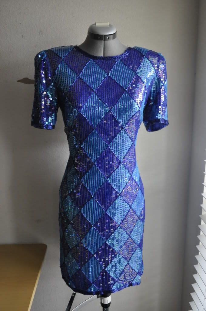 blue vintage multicolored sequenced geometric dress size medium  